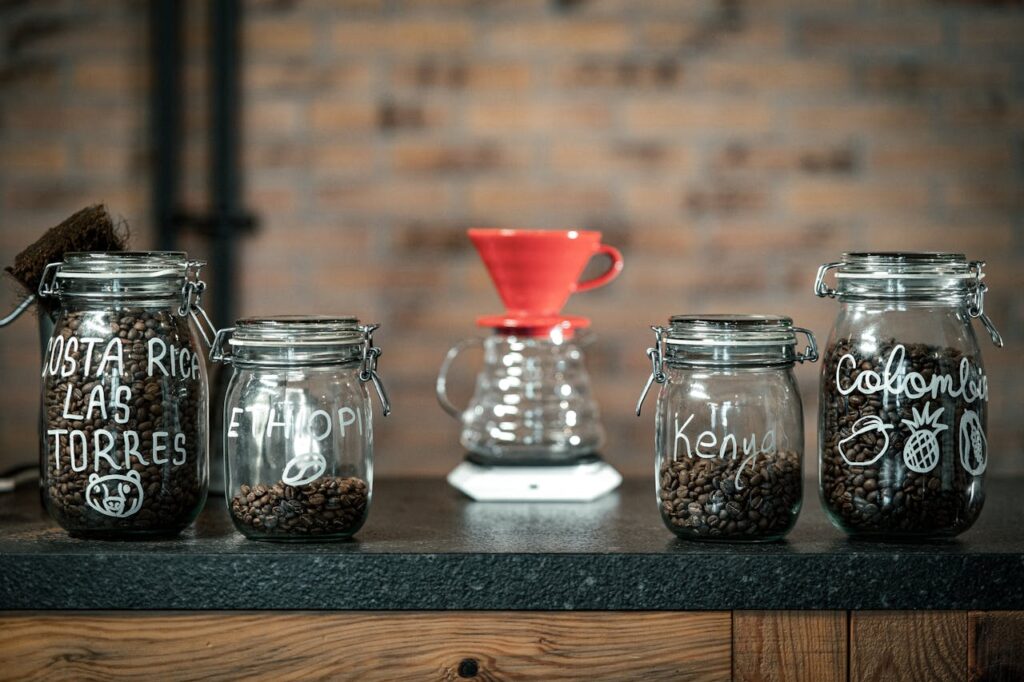 pexels photo 35838823 Artisan coffee jars from various origins in a boutique cafe setting in Bursa, Türkiye.